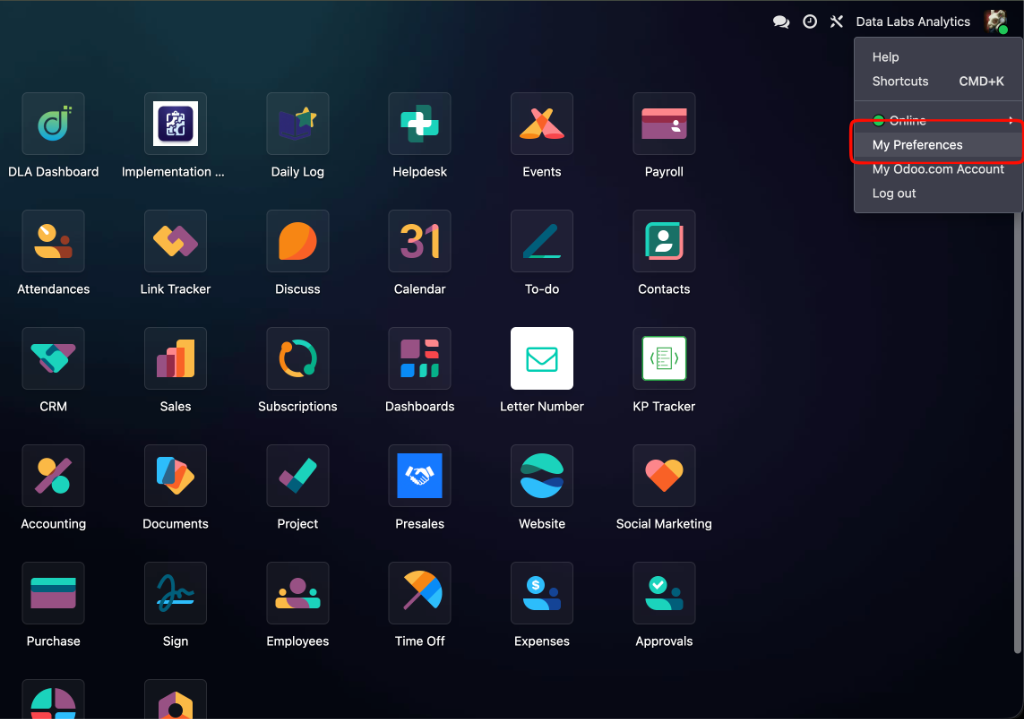 Odoo Top Right Avatar Menu - My Preferences