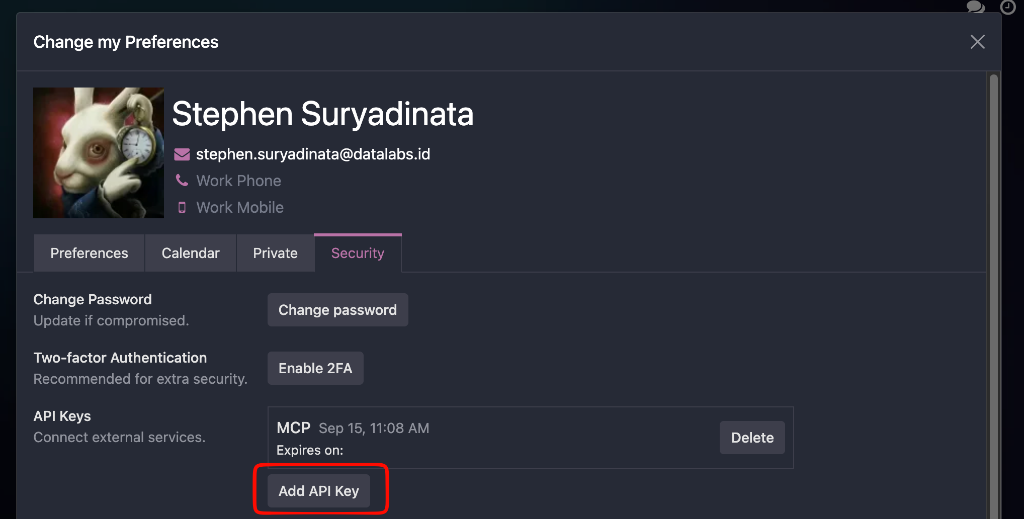 Security Tab - Add API Key button