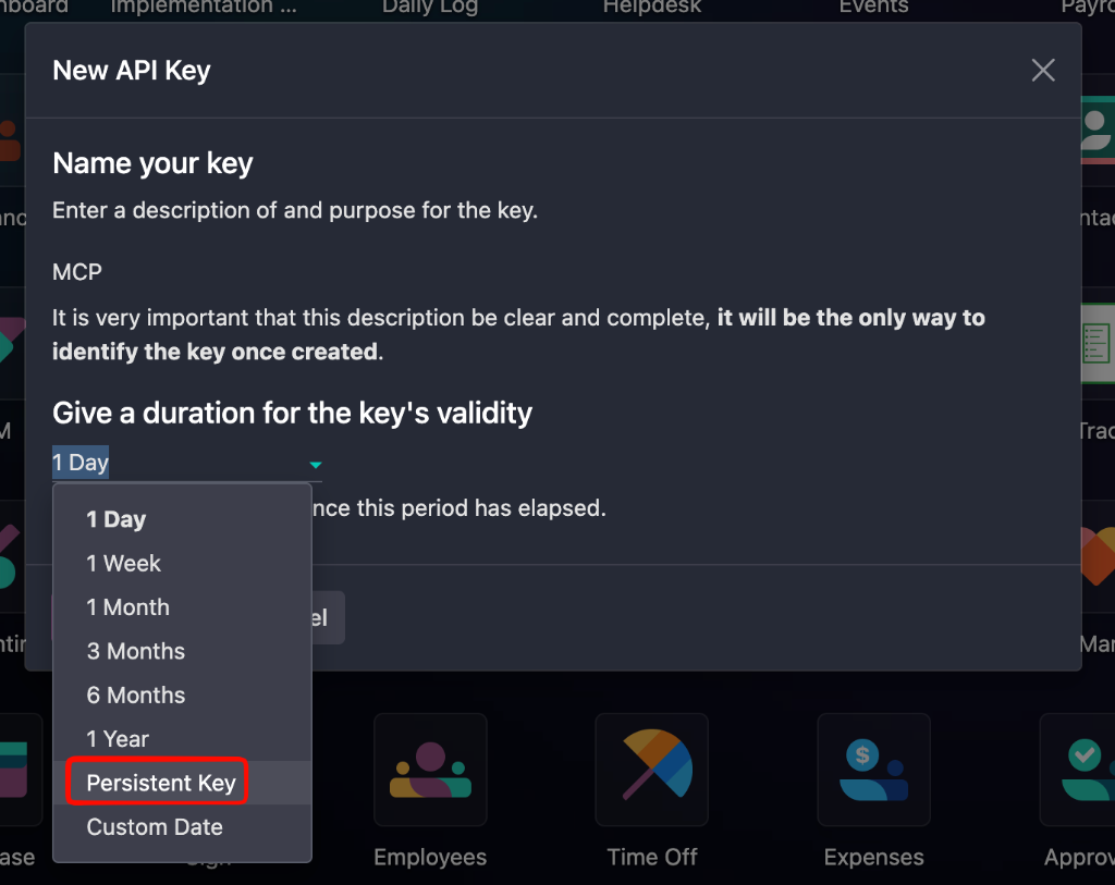 New API Key Modal - Choose Persistent Key